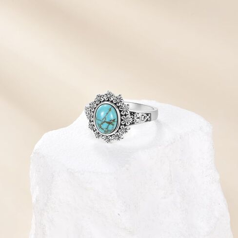 Natural Turquoise Ring for Women 925 Sterling Silver Vintage Flower with Oval Cut Turquoise Ring in Saudi Arabia