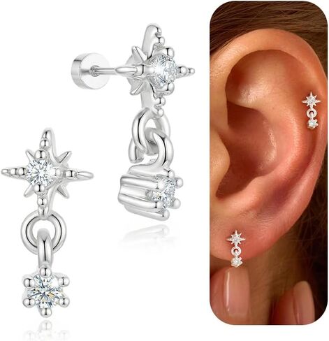 2 Pcs Tiny Flat Back Earrings for Women, 14K Gold/White Gold Plated Dangle Helix Cartilage Earrings Minimalist 20G 6mm Post Hypoallergenic Screwback Jewelry Gift in Saudi Arabia