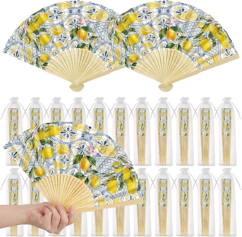 Arttown Wedding Fans for Guests Bulk 25 Pack, Bamboo and Paper Folding Hand Fans with Organza Bags, Mediterranean Style Blue Floral Pattern for Bridal Shower, Party Favors in Saudi Arabia