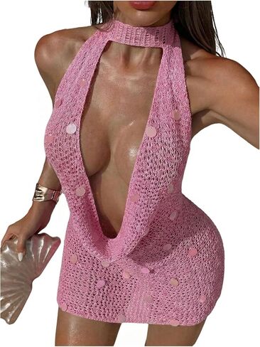Floerns Women's Crochet Beach Cover Up Dress Draped Knit Hollow Out Sequin Bathing Suit in Kuwait