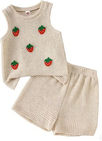 Girls Summer Outfits Toddler Girl Tank Tops Strawberry Printed Knit Short Sets Elastic Waisted Cute Kids Clothes in Saudi Arabia