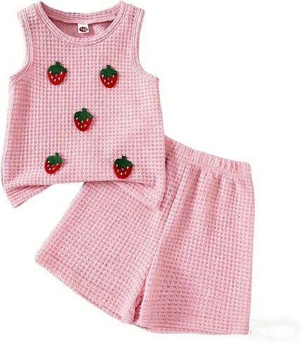 Girls Summer Outfits Toddler Girl Tank Tops Strawberry Printed Knit Short Sets Elastic Waisted Cute Kids Clothes in Saudi Arabia