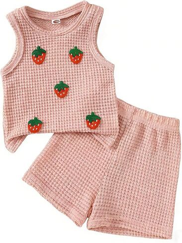 Girls Summer Outfits Toddler Girl Tank Tops Strawberry Printed Knit Short Sets Elastic Waisted Cute Kids Clothes in Saudi Arabia