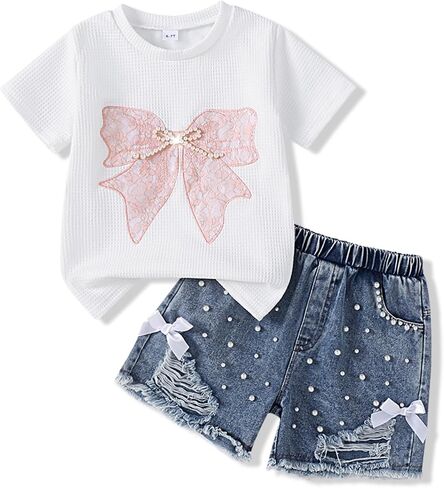 Size 7 8 Years Girls Clothes 2 Piece Outfits Cute Pink Butterfly Embroidery Short Sleeve Tops & Ripped Jean Shorts Set Fashion Kids Girls Summer Vacation Outfits Set(7-8Y) in Saudi Arabia