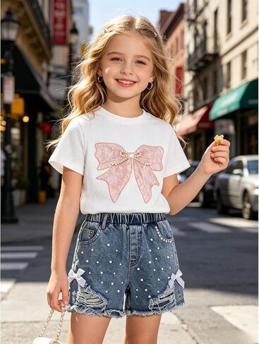 Size 7 8 Years Girls Clothes 2 Piece Outfits Cute Pink Butterfly Embroidery Short Sleeve Tops & Ripped Jean Shorts Set Fashion Kids Girls Summer Vacation Outfits Set(7-8Y) in Saudi Arabia