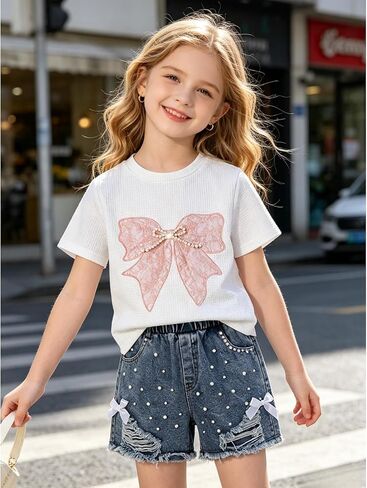 Size 7 8 Years Girls Clothes 2 Piece Outfits Cute Pink Butterfly Embroidery Short Sleeve Tops & Ripped Jean Shorts Set Fashion Kids Girls Summer Vacation Outfits Set(7-8Y) in Saudi Arabia