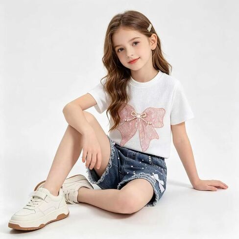 Size 7 8 Years Girls Clothes 2 Piece Outfits Cute Pink Butterfly Embroidery Short Sleeve Tops & Ripped Jean Shorts Set Fashion Kids Girls Summer Vacation Outfits Set(7-8Y) in Saudi Arabia