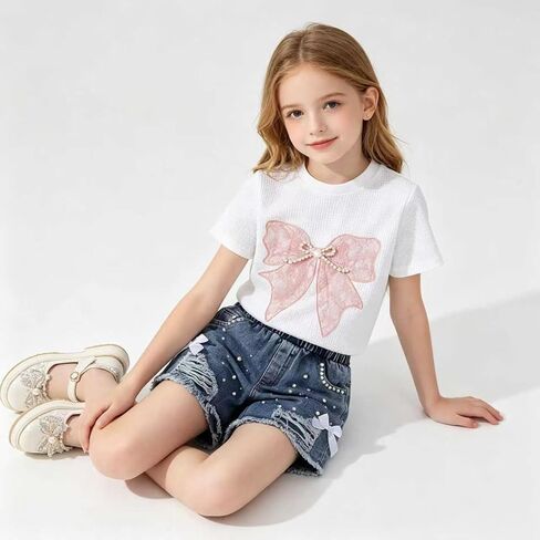 Size 7 8 Years Girls Clothes 2 Piece Outfits Cute Pink Butterfly Embroidery Short Sleeve Tops & Ripped Jean Shorts Set Fashion Kids Girls Summer Vacation Outfits Set(7-8Y) in Saudi Arabia
