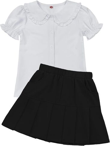 Girls Summer Sets Short Sleeve Shirt and Skirt Casual Top Solid Mini Skirts 4-13 Years in Saudi Arabia