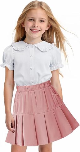 Girls Summer Sets Short Sleeve Shirt and Skirt Casual Top Solid Mini Skirts 4-13 Years in Saudi Arabia