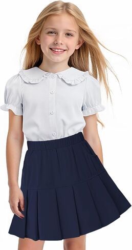 Girls Summer Sets Short Sleeve Shirt and Skirt Casual Top Solid Mini Skirts 4-13 Years in Saudi Arabia