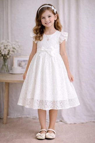Girls Lace Dress Elegant Sleeveless Bowknot Belt Formal Party Wedding Guest Dress Special Event Gown in Kuwait