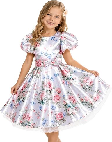 LATTEMARMALATTE Girls Satin Flower Girl Dress, Puff Sleeve A-Line Formal Gown with Bow for Wedding Communion Birthday in Saudi Arabia