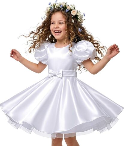 LATTEMARMALATTE Girls Satin Flower Girl Dress, Puff Sleeve A-Line Formal Gown with Bow for Wedding Communion Birthday in Saudi Arabia