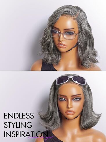 LUVME HAIR 12'' Grey Salt & Pepper Bob Wig Blunt Cut Bob Wig Pre Cut Glueless Wigs Glueless Lace Front 12 Inches Bob, Pre Cut Plucked Hd Lace Short Wig Ready To Go Natural Color Straight Side Part in Kuwait