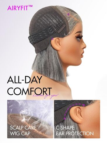 LUVME HAIR 12'' Grey Salt & Pepper Bob Wig Blunt Cut Bob Wig Pre Cut Glueless Wigs Glueless Lace Front 12 Inches Bob, Pre Cut Plucked Hd Lace Short Wig Ready To Go Natural Color Straight Side Part in Kuwait