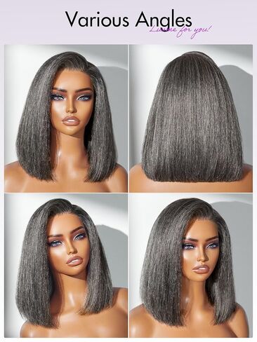 LUVME HAIR 12'' Grey Salt & Pepper Bob Wig Blunt Cut Bob Wig Pre Cut Glueless Wigs Glueless Lace Front 12 Inches Bob, Pre Cut Plucked Hd Lace Short Wig Ready To Go Natural Color Straight Side Part in Kuwait