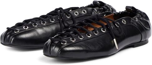 Agodor Lace-Up Ballet Flats Leather Ballerina Flat for Women Slip on Square Round Closed Toe Comfort Business Casual Daily Dress Black Shoes US7 in Kuwait