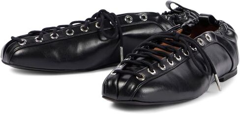 Agodor Lace-Up Ballet Flats Leather Ballerina Flat for Women Slip on Square Round Closed Toe Comfort Business Casual Daily Dress Black Shoes US7 in Kuwait
