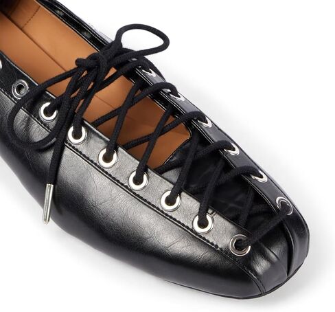 Agodor Lace-Up Ballet Flats Leather Ballerina Flat for Women Slip on Square Round Closed Toe Comfort Business Casual Daily Dress Black Shoes US7 in Kuwait