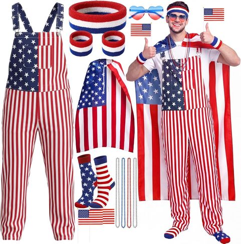 Yahenda 14 Pcs American Flag Costume Patriotic USA Overalls Adjustable Straps 4th of July Outfit Red White and Blue Accessories American Flag Overalls Cape Socks for Independence Day 250th Anniversary in Kuwait