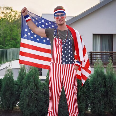 Yahenda 14 Pcs American Flag Costume Patriotic USA Overalls Adjustable Straps 4th of July Outfit Red White and Blue Accessories American Flag Overalls Cape Socks for Independence Day 250th Anniversary in Kuwait