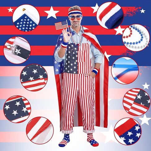 Yahenda 14 Pcs American Flag Costume Patriotic USA Overalls Adjustable Straps 4th of July Outfit Red White and Blue Accessories American Flag Overalls Cape Socks for Independence Day 250th Anniversary in Kuwait