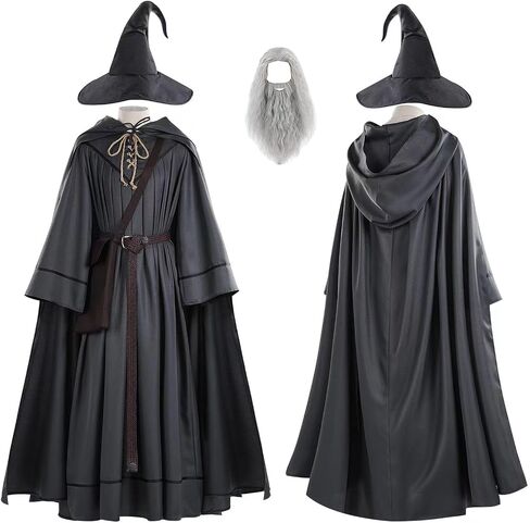 Men Gray Wizard Costume Adult Robe Hooded Cloak Bag Belt Hat with Wig in Kuwait