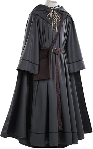 Men Gray Wizard Costume Adult Robe Hooded Cloak Bag Belt Hat with Wig in Kuwait