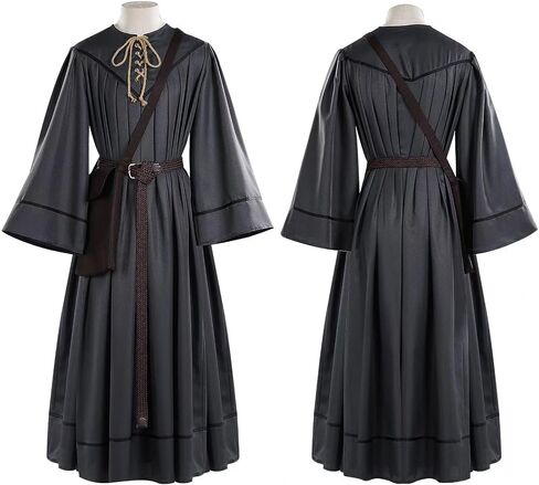 Men Gray Wizard Costume Adult Robe Hooded Cloak Bag Belt Hat with Wig in Kuwait