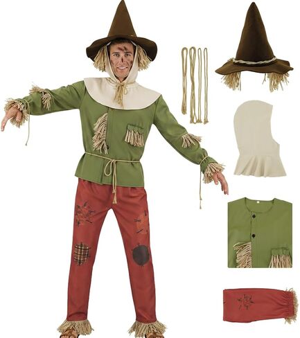 Scarecrow Costume Men Green Shirt Red Pants Hood Witch Hat Ropes Straw Wizard Kit for Halloween Cosplay Outfits in Saudi Arabia