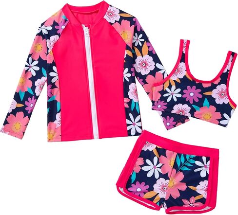 ملابس سباحة للفتيات Rash Guard بأكمام طويلة وسحاب علوي بيكيني شورت لطيف 3 قطع بدلة استحمام (4-12 سنة) in Kuwait