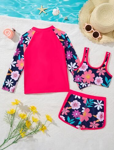 ملابس سباحة للفتيات Rash Guard بأكمام طويلة وسحاب علوي بيكيني شورت لطيف 3 قطع بدلة استحمام (4-12 سنة) in Kuwait
