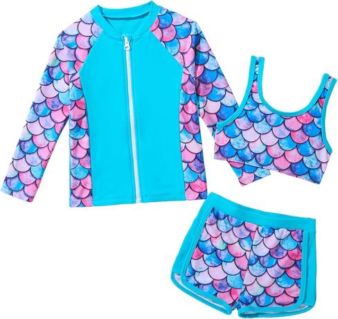 ملابس سباحة للفتيات Rash Guard بأكمام طويلة وسحاب علوي بيكيني شورت لطيف 3 قطع بدلة استحمام (4-12 سنة) in Kuwait