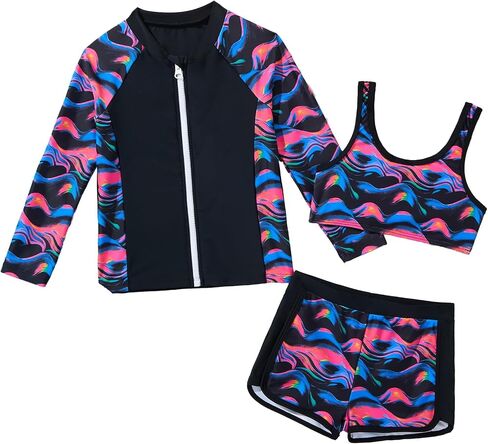 ملابس سباحة للفتيات Rash Guard بأكمام طويلة وسحاب علوي بيكيني شورت لطيف 3 قطع بدلة استحمام (4-12 سنة) in Kuwait