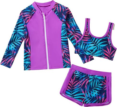 ملابس سباحة للفتيات Rash Guard بأكمام طويلة وسحاب علوي بيكيني شورت لطيف 3 قطع بدلة استحمام (4-12 سنة) in Kuwait
