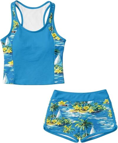 Girl's Tankini Swimsuit 2 Pieces Tank Top and Shorts Set Bathing Suit Swimwear with Chest Pad 6-15 Years in Saudi Arabia