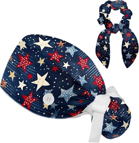 Scrub Caps Women, Surgical Caps with Ponytail Pouch and Buttons, Nurse Bouffant Adjustable, Navy Blue Stripes Stars Red in Saudi Arabia