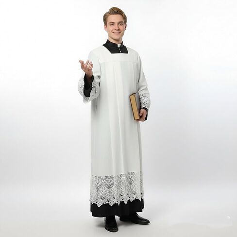 Catholic White Clergy Surplice with Decorative Lace Trim, Full Length Religious Vestment, Long Sleeve Regular Fit in Saudi Arabia