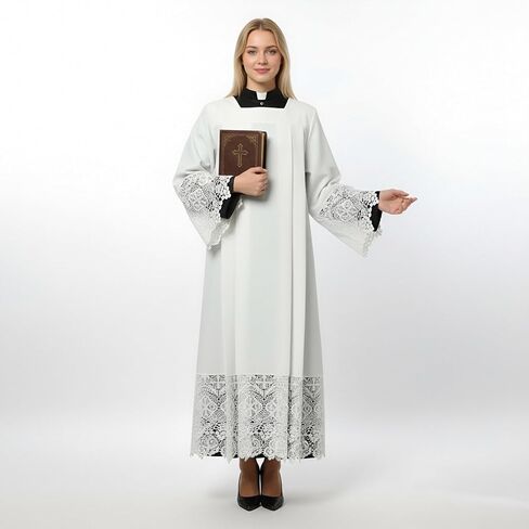 Catholic White Clergy Surplice with Decorative Lace Trim, Full Length Religious Vestment, Long Sleeve Regular Fit in Saudi Arabia
