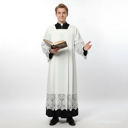 Catholic White Clergy Surplice with Decorative Lace Trim, Full Length Religious Vestment, Long Sleeve Regular Fit in Saudi Arabia
