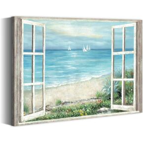 summer melody Window Coastal Canvas Wall Art - Beach Seascape Painting Serene Ocean View Artwork Sailboats & Wildflowers Picture for Living Room Bedroom Decor in Saudi Arabia