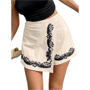 MakeMeChic Women's Boho Vacation Wrap Shorts Floral Embroidery High Waist Shorts in Kuwait