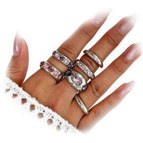 6Pcs Trendy Chunky Gold Silver Crystal Rings Non Tarnish Stackable for Women, Statement Purple Zircon Knuckle Ring Set Vintage Party Vacation Jewelry in Saudi Arabia