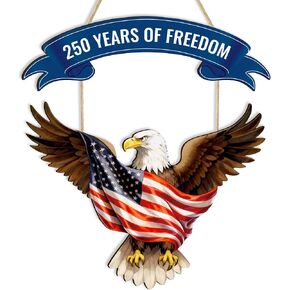 250th Anniversary America 4th of July Door Sign Wooden Decorations Eagle 250 Years of Freedom Independence Day Patriotic Wreath Hanger for Front Door for Wall Home Porch Outdoor Indoor Decor in Saudi Arabia