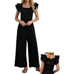 Womens Jumpsuits Bow Tie Back Ruffle Cap Sleeve Casual Wide Leg Romper Beach Vacation One Piece Summer Outfits in Saudi Arabia