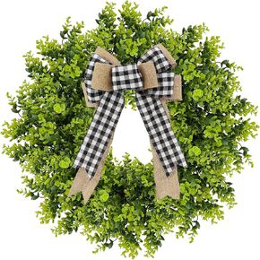 28" Large Boxwood Wreath for Front Door, Artificial Greenery Wreath with Fabric Plaid Bow for Wall Window Porch Farmhouse Party Wedding, Indoor Outdoor All Season Home Decor in Saudi Arabia