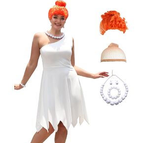 ALIREVERIE Halloween Wlima Fliintstone Plus Size Costume for Women White Cosplay Dress with Earrings 3XL in Kuwait