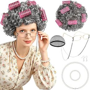 MEEZY Light Gray Curly Wig Old Lady Costume Set, Grandma Wig Granny Glasses Eyeglasses Chain Necklace Bracelet Earring Old Women Fun Costume Accessories for Halloween Cosplay in Saudi Arabia
