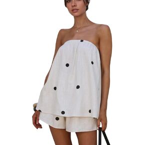 calbatic Polka Dot 2 Piece Shorts Set Summer Lounge Sets Strapless Top and Shorts Matching Airport Travel Vacation Outfits in Saudi Arabia